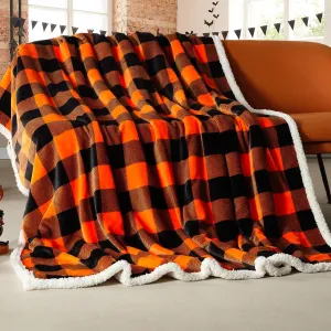Beautex Halloween Sherpa Throw Blanket, Plaid Orange Fuzzy Fluffy Cozy Soft Checkered Blanket for Couch Bed Sofa (50" X 60")