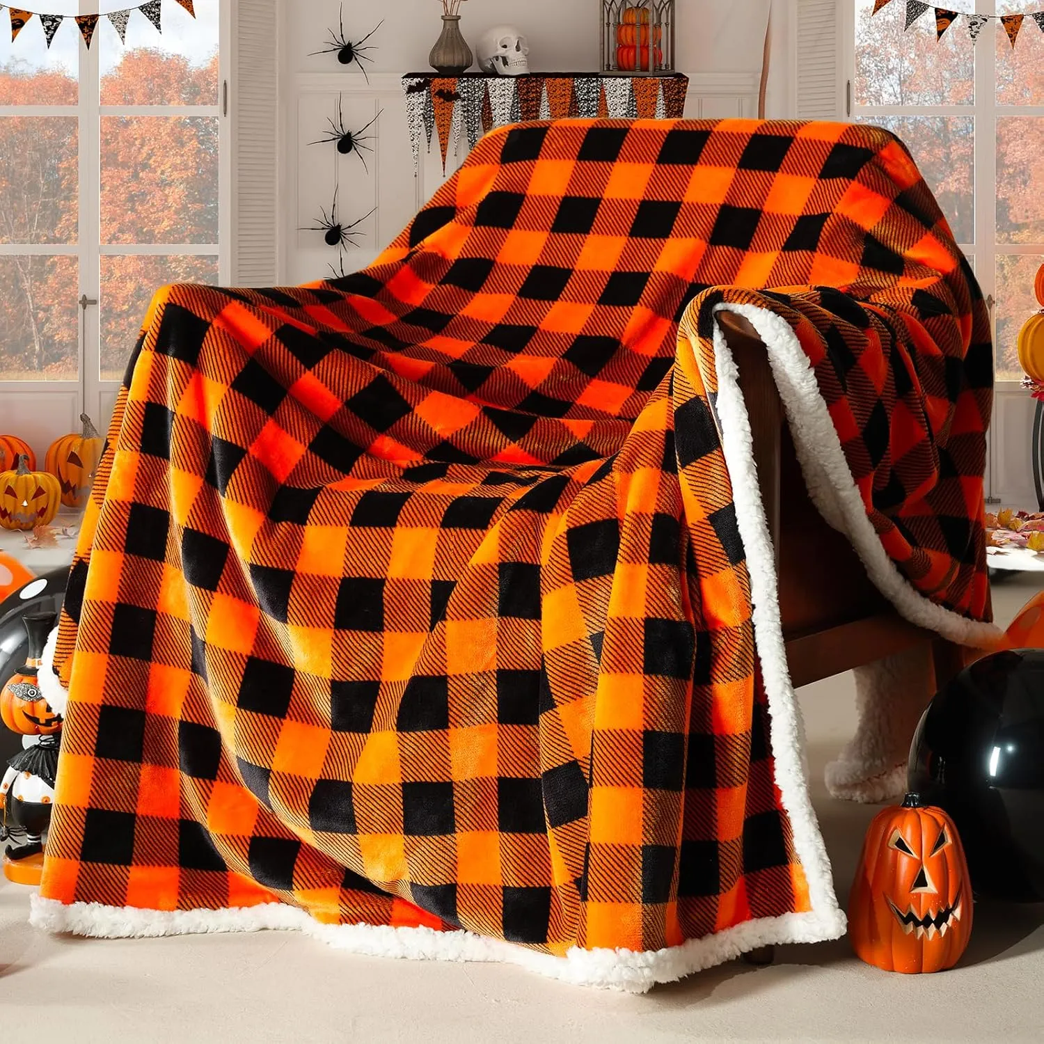 Beautex Halloween Sherpa Throw Blanket, Plaid Orange Fuzzy Fluffy Cozy Soft Checkered Blanket for Couch Bed Sofa (50" X 60")