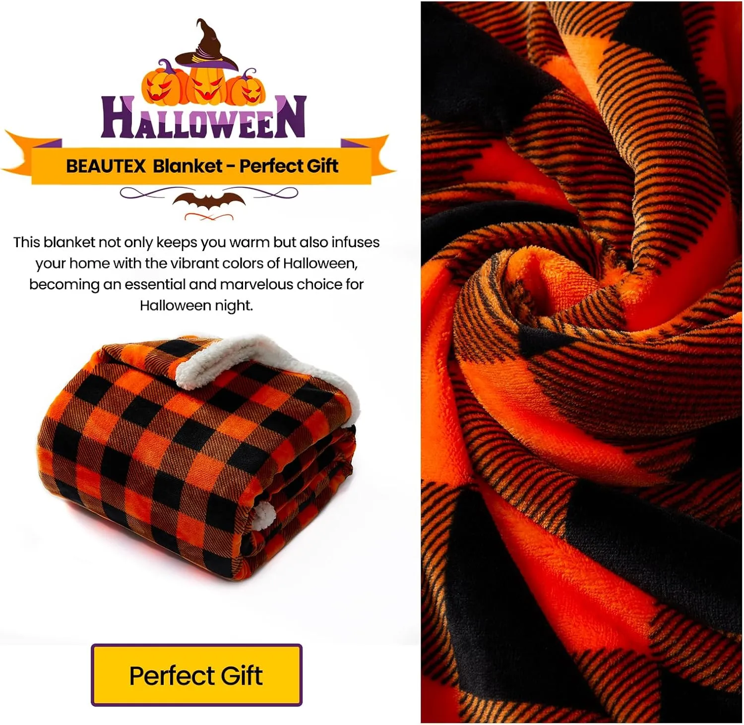 Beautex Halloween Sherpa Throw Blanket, Plaid Orange Fuzzy Fluffy Cozy Soft Checkered Blanket for Couch Bed Sofa (50" X 60")