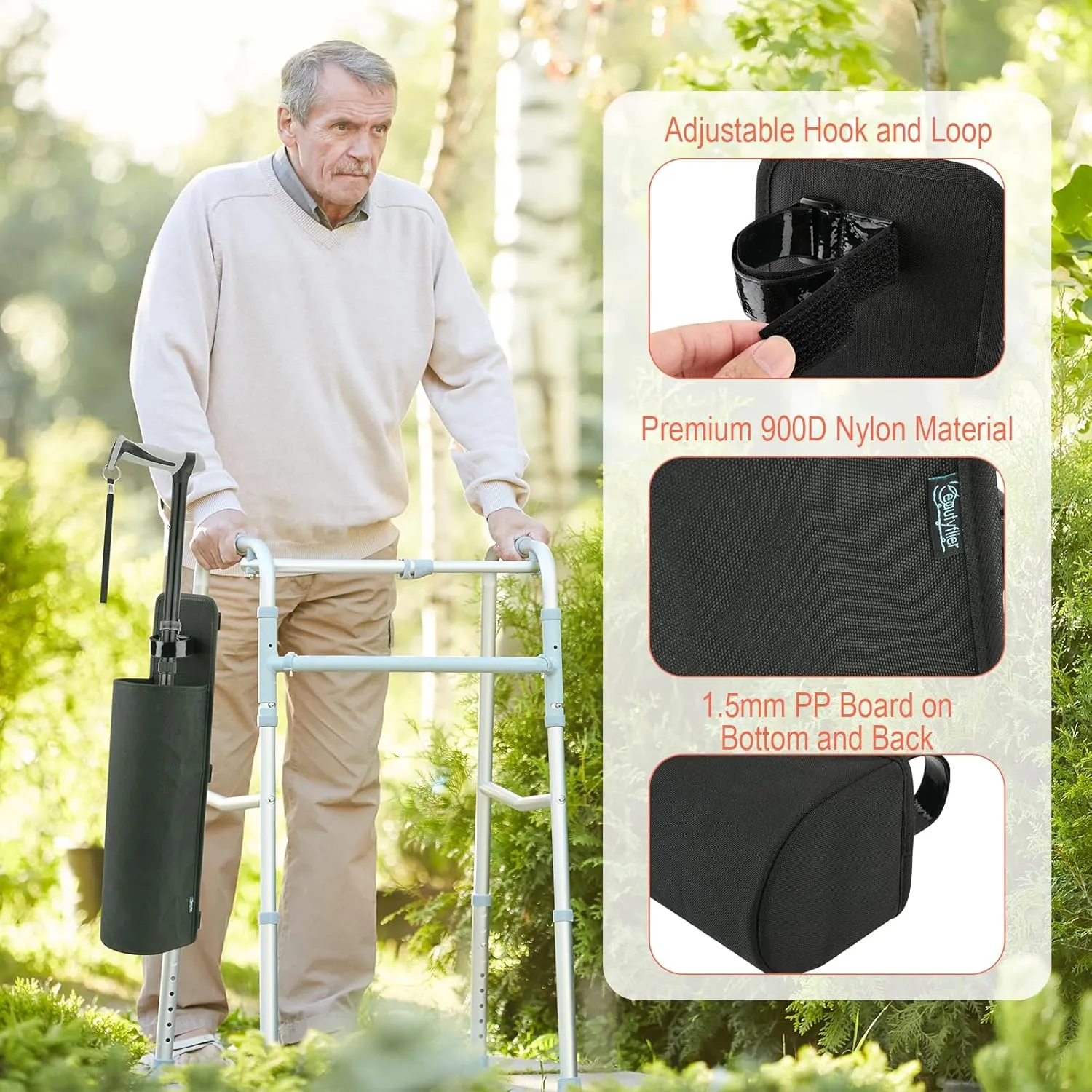 Beautyflier Walking Cane or Stick Holder, Removable Cane Hanging Bag for Wheelchair, Walker, Mobility Scooters, Walking Stick Organizer with Adjustable Hook and Loop, Holder Only (Black)