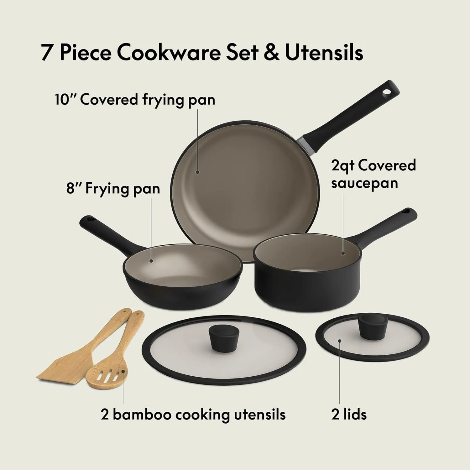 bella 7 Piece Cookware Set with EverGood™ Ceramic Nonstick Coating​, Dishwasher Safe Oven Safe, All Stovetops Compatible, Glass Lids with Silicone Rims, Cool Touch Handles, Black