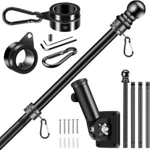 Black Flag Pole Kit for House, 5 FT Thickened Stainless Steel Outside Porch Wall Flagpole for 3x5' Flag, 1" Tangle Free Rotating Flag Pole Rings & 180° Adjustable Multi-Positions Bracket Holder