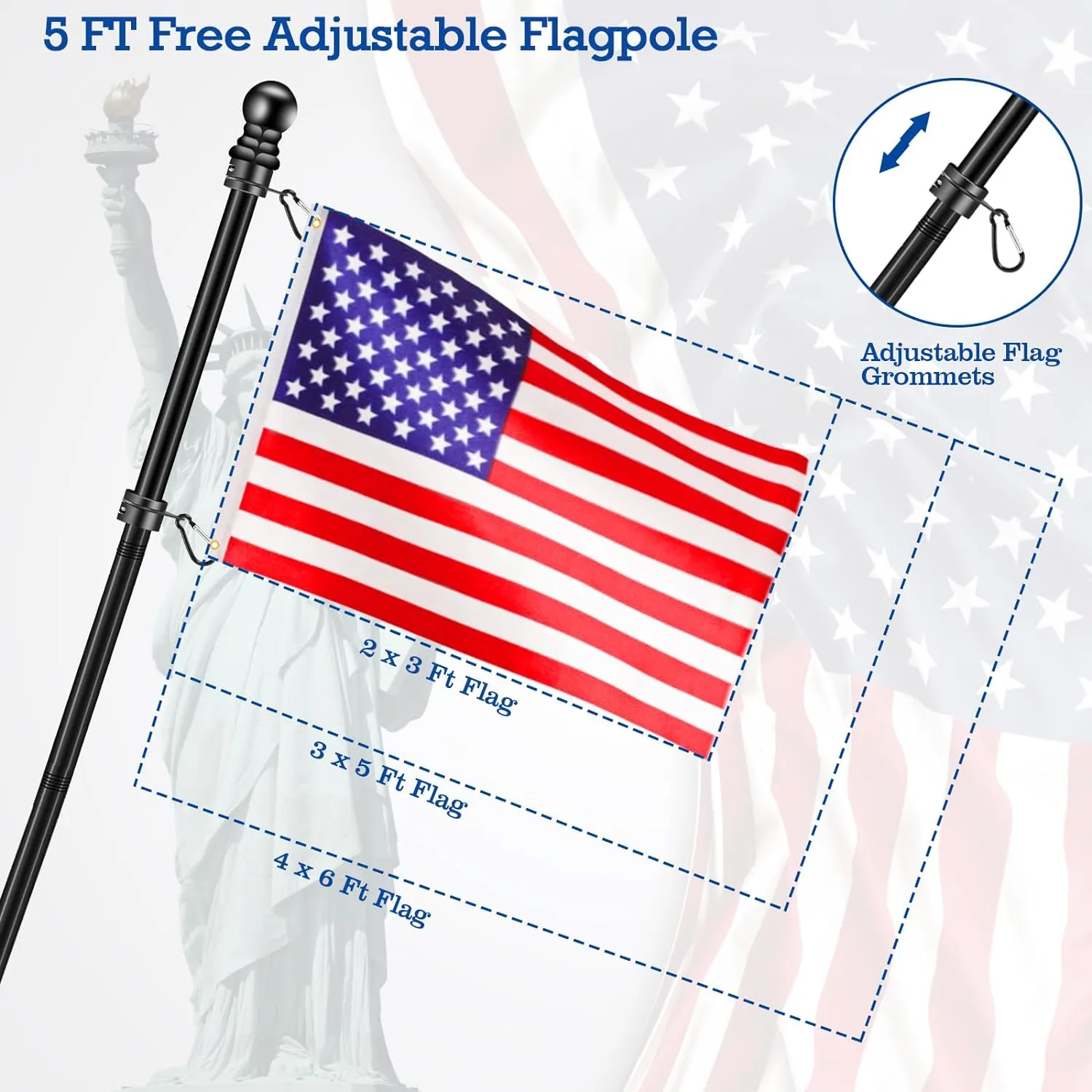 Black Flag Pole Kit for House, 5 FT Thickened Stainless Steel Outside Porch Wall Flagpole for 3x5' Flag, 1" Tangle Free Rotating Flag Pole Rings & 180° Adjustable Multi-Positions Bracket Holder
