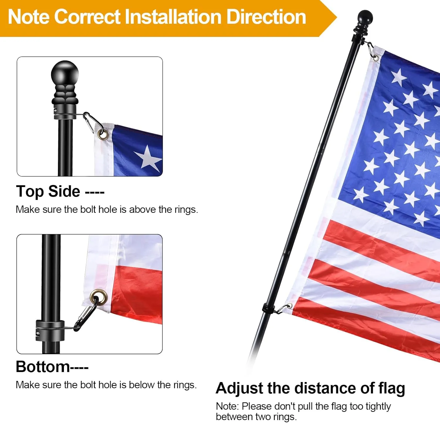 Black Flag Pole Kit for House, 5 FT Thickened Stainless Steel Outside Porch Wall Flagpole for 3x5' Flag, 1" Tangle Free Rotating Flag Pole Rings & 180° Adjustable Multi-Positions Bracket Holder