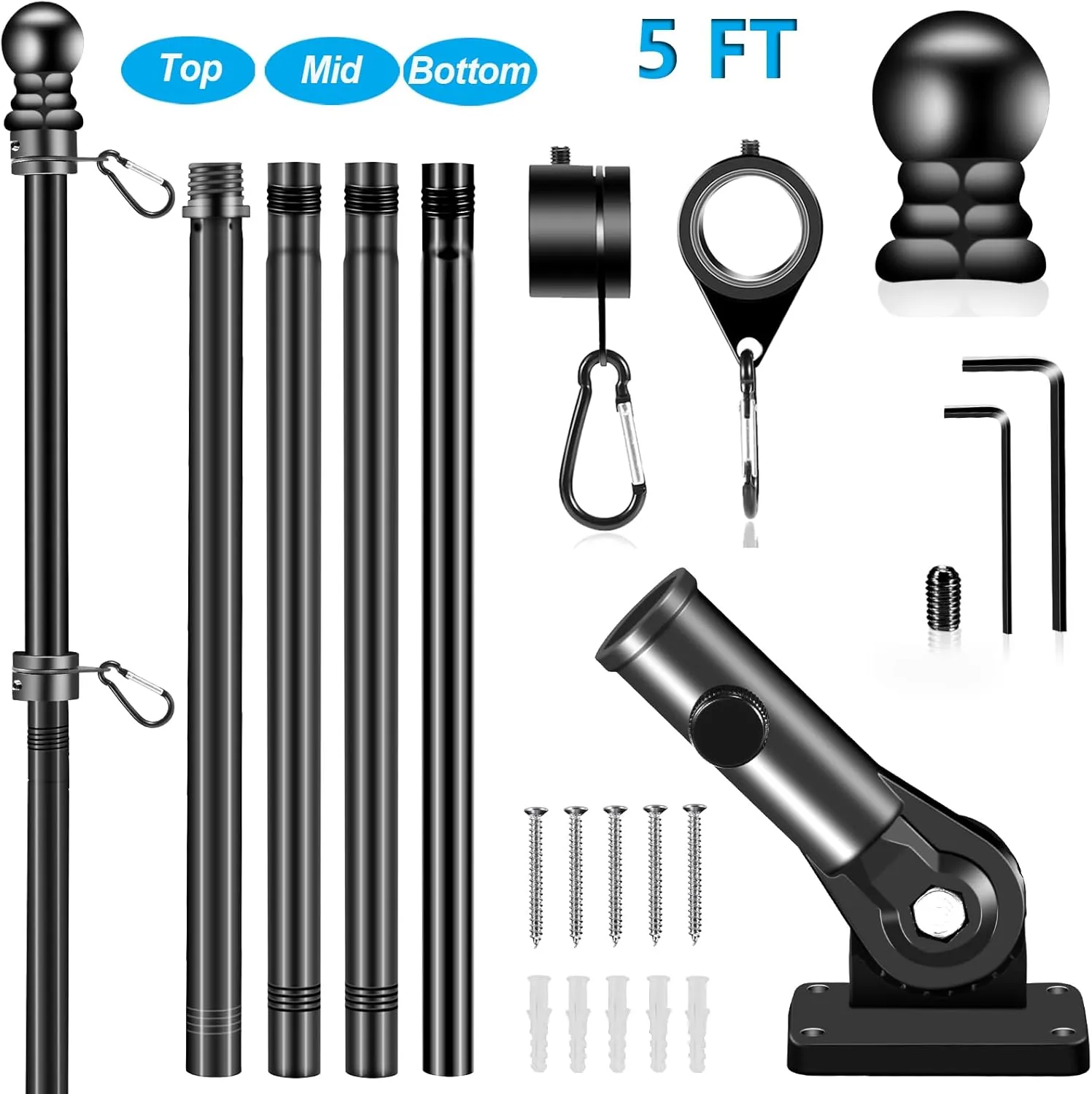 Black Flag Pole Kit for House, 5 FT Thickened Stainless Steel Outside Porch Wall Flagpole for 3x5' Flag, 1" Tangle Free Rotating Flag Pole Rings & 180° Adjustable Multi-Positions Bracket Holder
