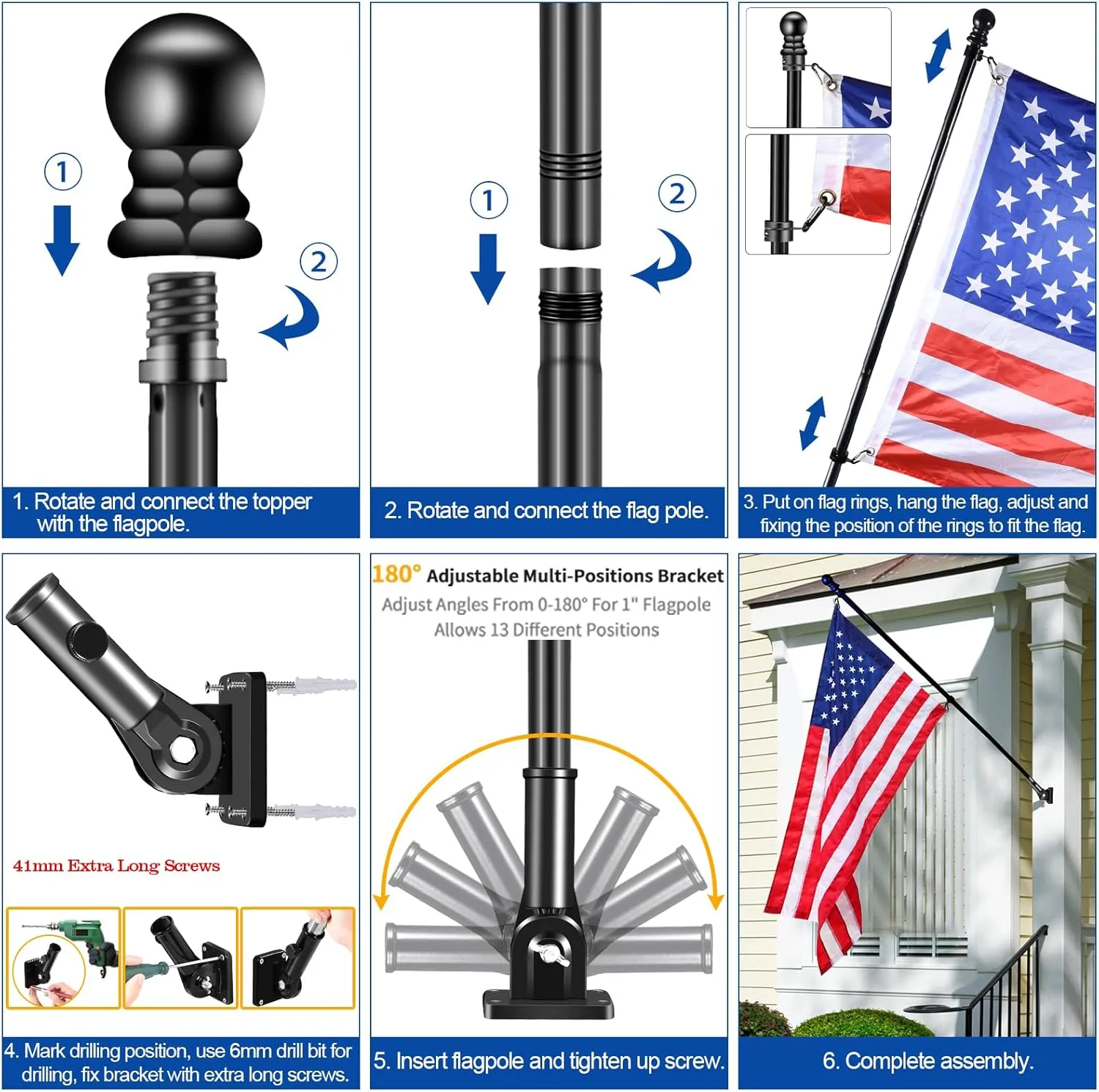 Black Flag Pole Kit for House, 5 FT Thickened Stainless Steel Outside Porch Wall Flagpole for 3x5' Flag, 1" Tangle Free Rotating Flag Pole Rings & 180° Adjustable Multi-Positions Bracket Holder