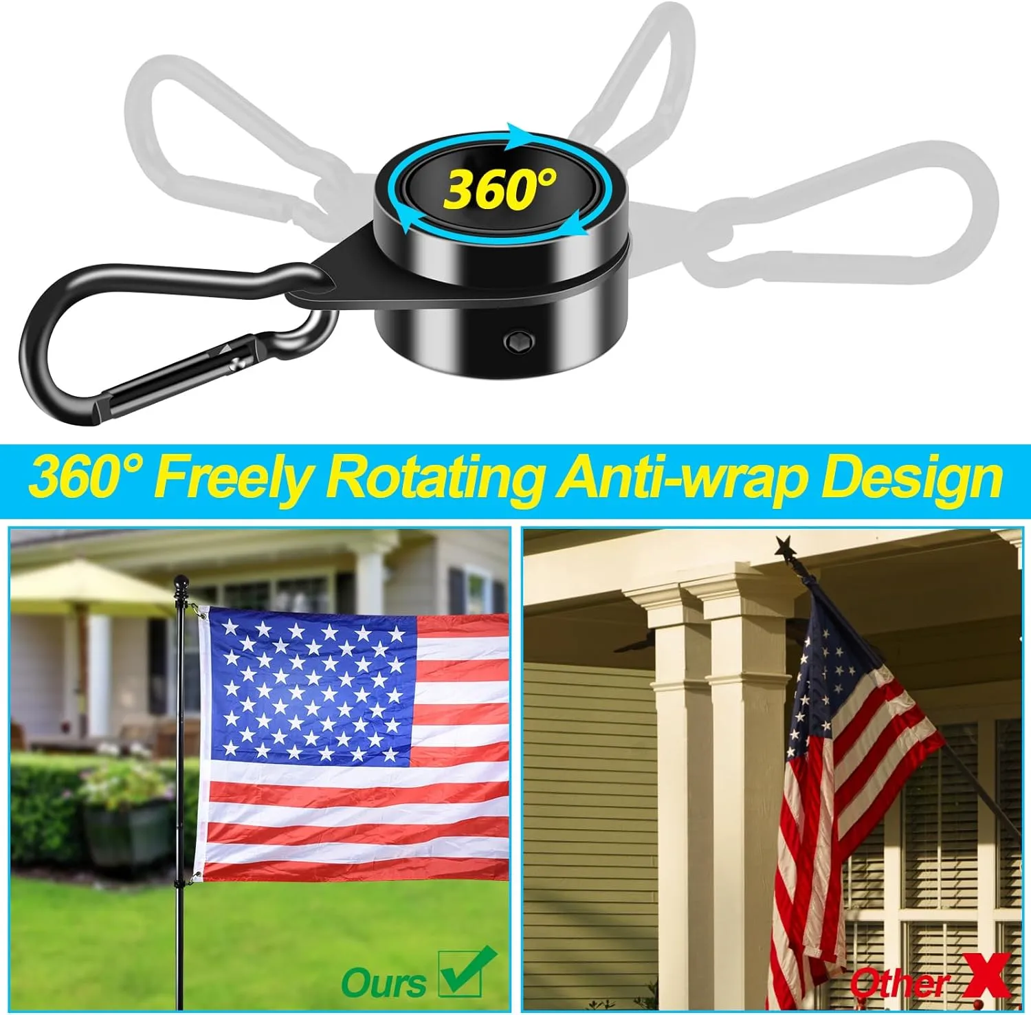 Black Flag Pole Kit for House, 5 FT Thickened Stainless Steel Outside Porch Wall Flagpole for 3x5' Flag, 1" Tangle Free Rotating Flag Pole Rings & 180° Adjustable Multi-Positions Bracket Holder