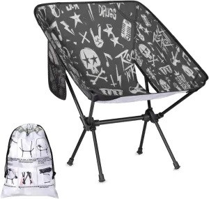 Black White Rock Music Graffiti Camping Chair Lightweight Portable Folding Camp Chairs for Adults Easy Installation for Camping Fishing Hiking Picnic Travel Festival Supports 176lbs