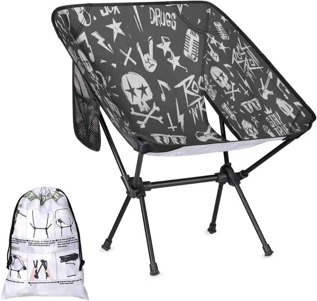 Black White Rock Music Graffiti Camping Chair Lightweight Portable Folding Camp Chairs for Adults Easy Installation for Camping Fishing Hiking Picnic Travel Festival Supports 176lbs