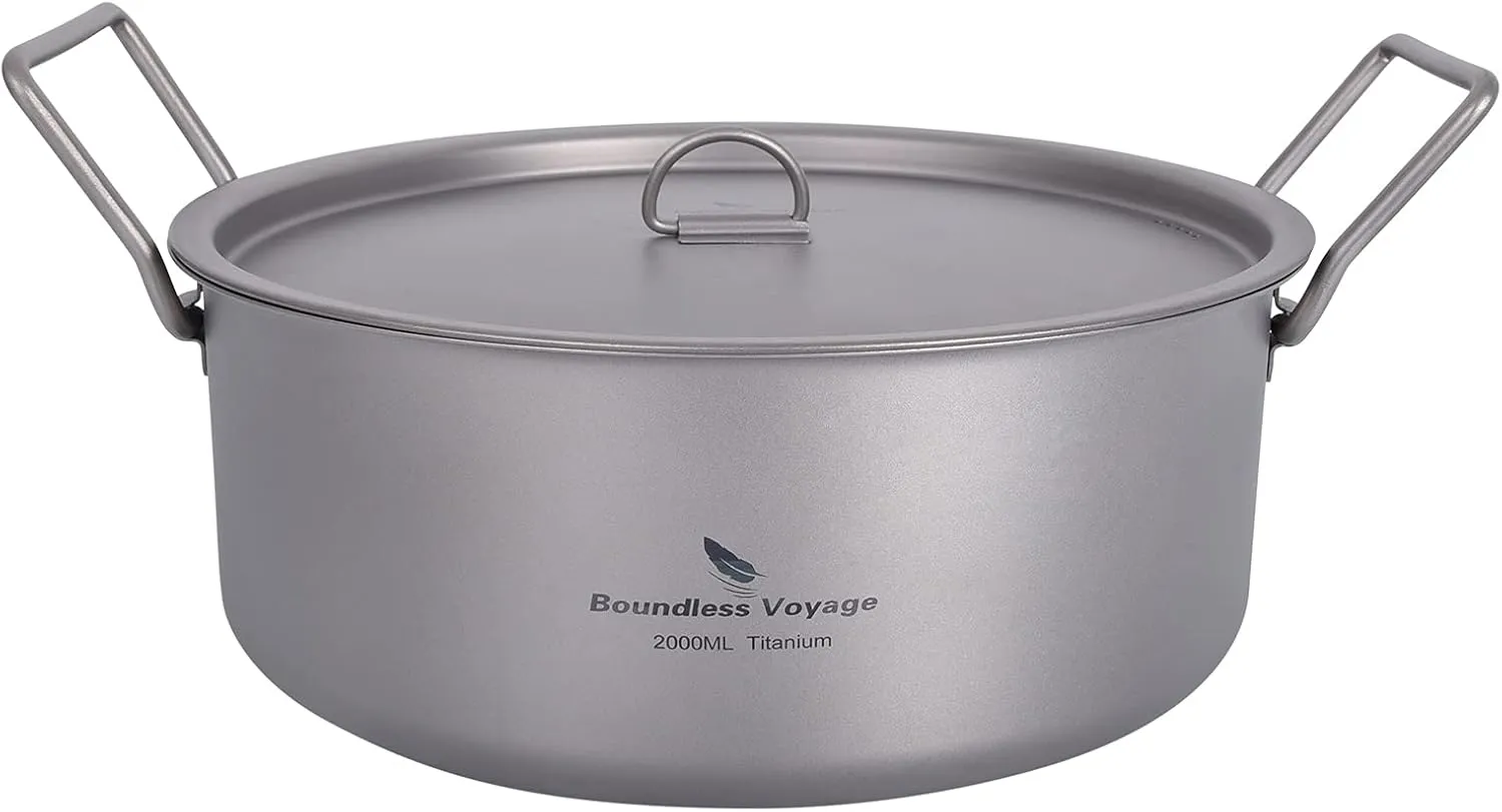 Boundless Voyage Outdoor Camping Titanium Pot 2L Stockpot with Lid Folding Handle Hiking Picnic Portable Big Capacity Soup Pot Home Kitchen
