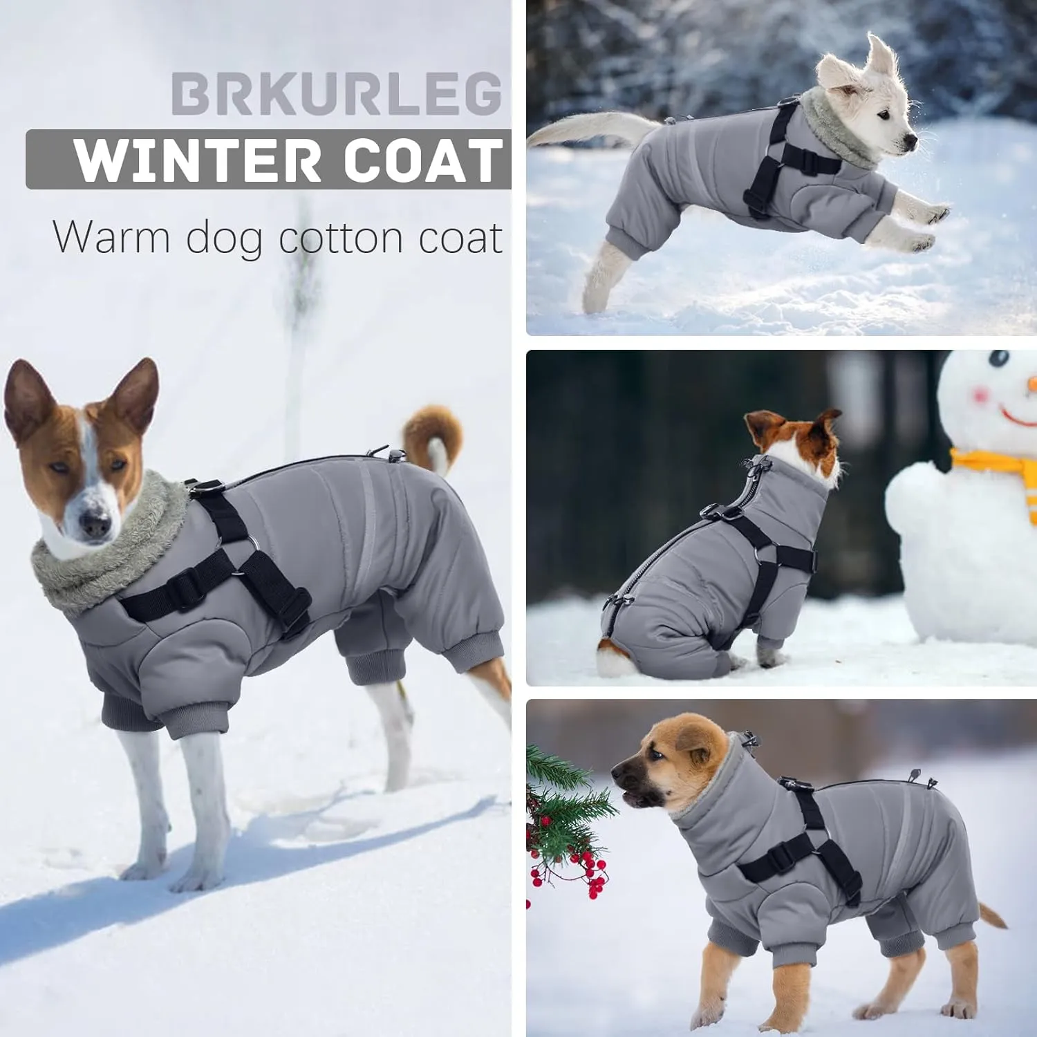 BRKURLEG Grey Dog Winter Coat, Cozy Winter Dog Jackets with Harness, Onesie Body Warm Dog Christmas Coats, Pet Reflective Windproof Warm Cold Weather Jacket, Dog Four-Legged Puffer Coat L