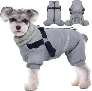 BRKURLEG Grey Dog Winter Coat, Cozy Winter Dog Jackets with Harness, Onesie Body Warm Dog Christmas Coats, Pet Reflective Windproof Warm Cold Weather Jacket, Dog Four-Legged Puffer Coat L
