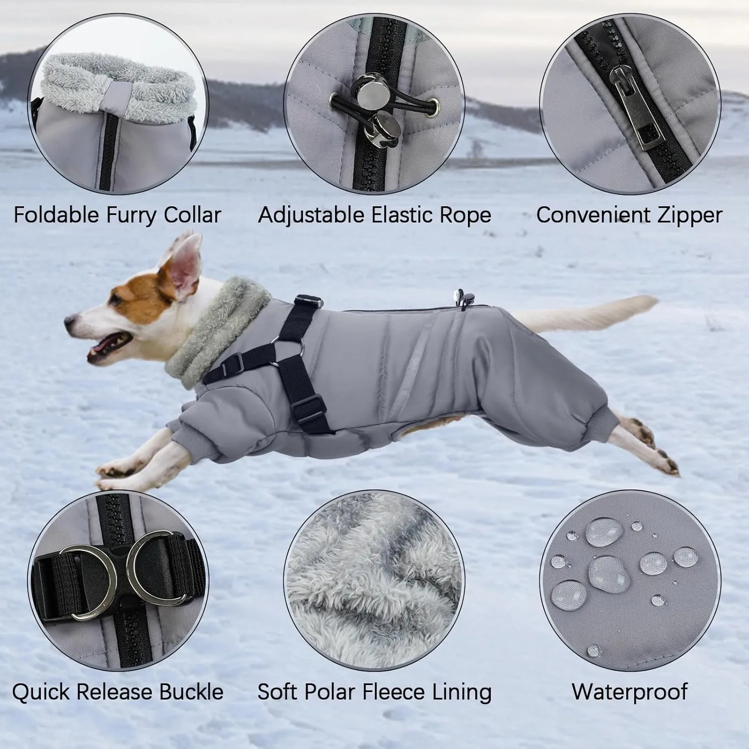 BRKURLEG Grey Dog Winter Coat, Cozy Winter Dog Jackets with Harness, Onesie Body Warm Dog Christmas Coats, Pet Reflective Windproof Warm Cold Weather Jacket, Dog Four-Legged Puffer Coat L