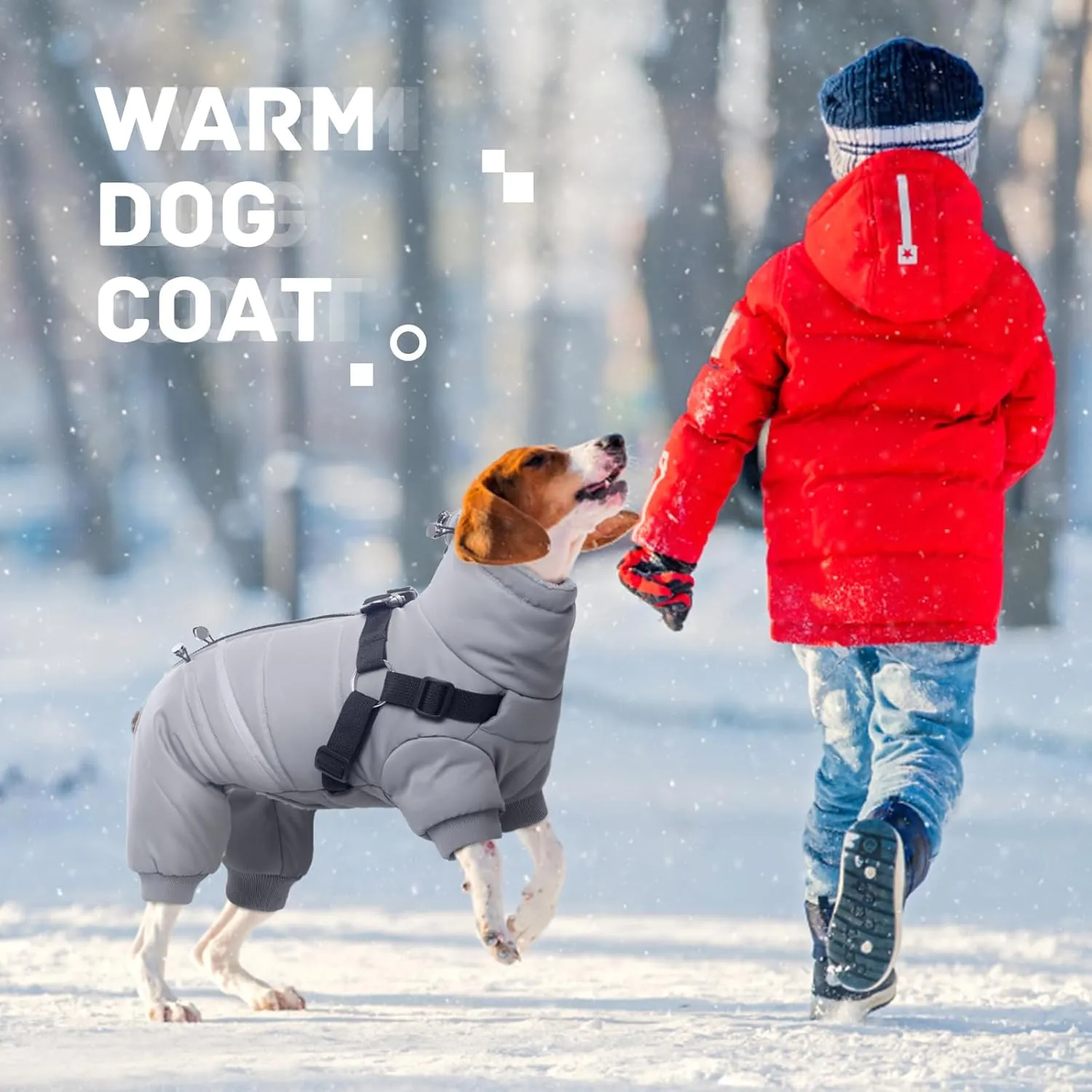 BRKURLEG Grey Dog Winter Coat, Cozy Winter Dog Jackets with Harness, Onesie Body Warm Dog Christmas Coats, Pet Reflective Windproof Warm Cold Weather Jacket, Dog Four-Legged Puffer Coat L