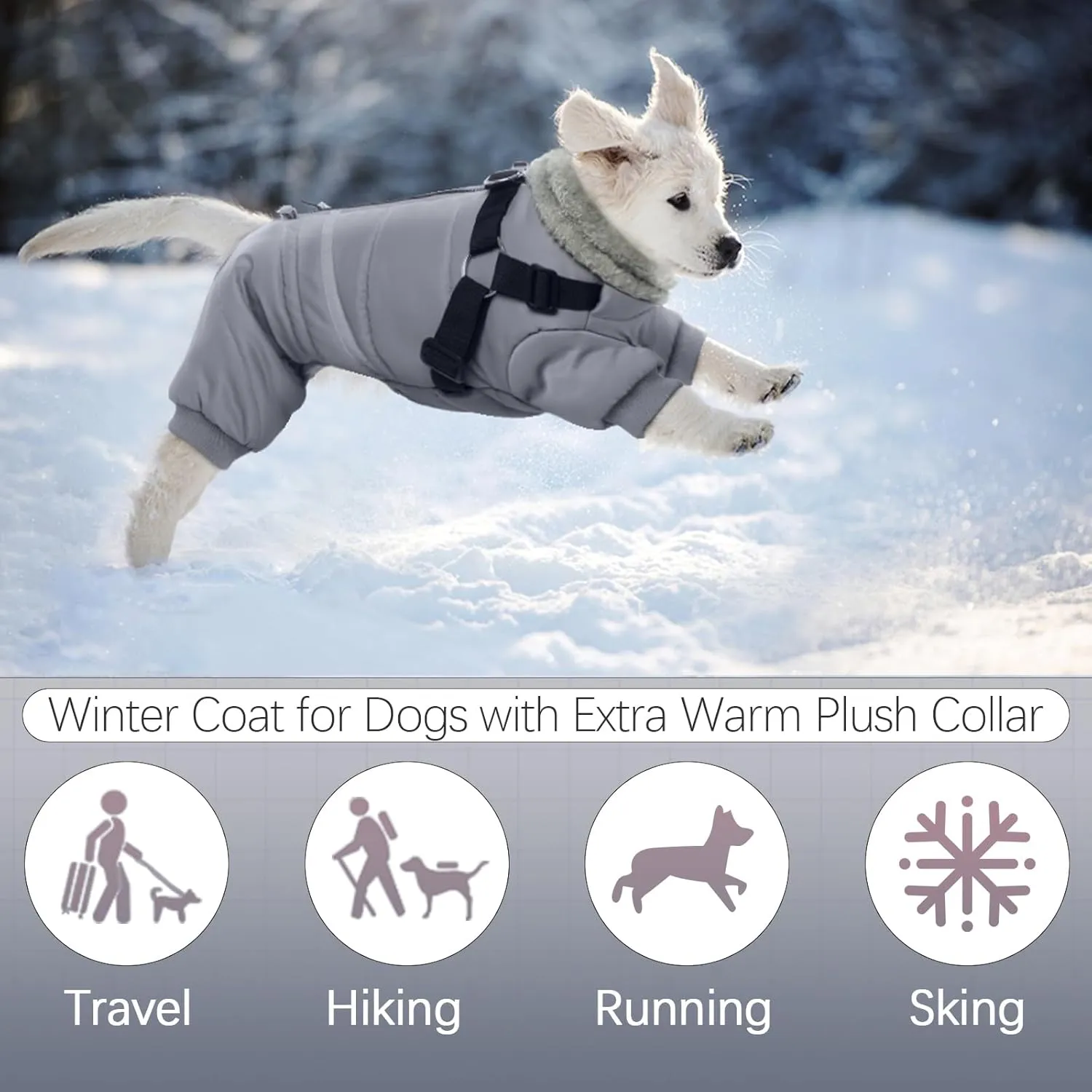 BRKURLEG Grey Dog Winter Coat, Cozy Winter Dog Jackets with Harness, Onesie Body Warm Dog Christmas Coats, Pet Reflective Windproof Warm Cold Weather Jacket, Dog Four-Legged Puffer Coat L