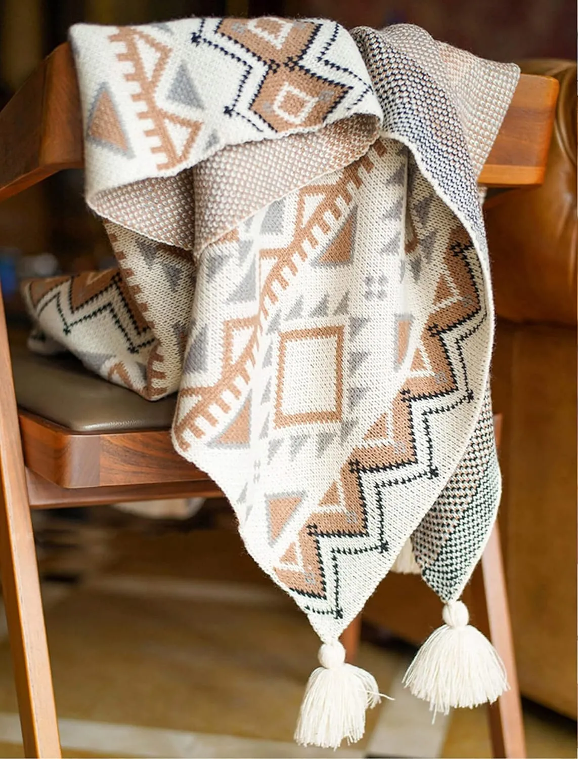 Brown Boho Throw Blankets, Knitted Tassel Vintage Throw Blanket, Soft Lightweight Tan Throw Blanket for Sofa Couch Bed and Living Room- All Seasons (40x60 Inch)