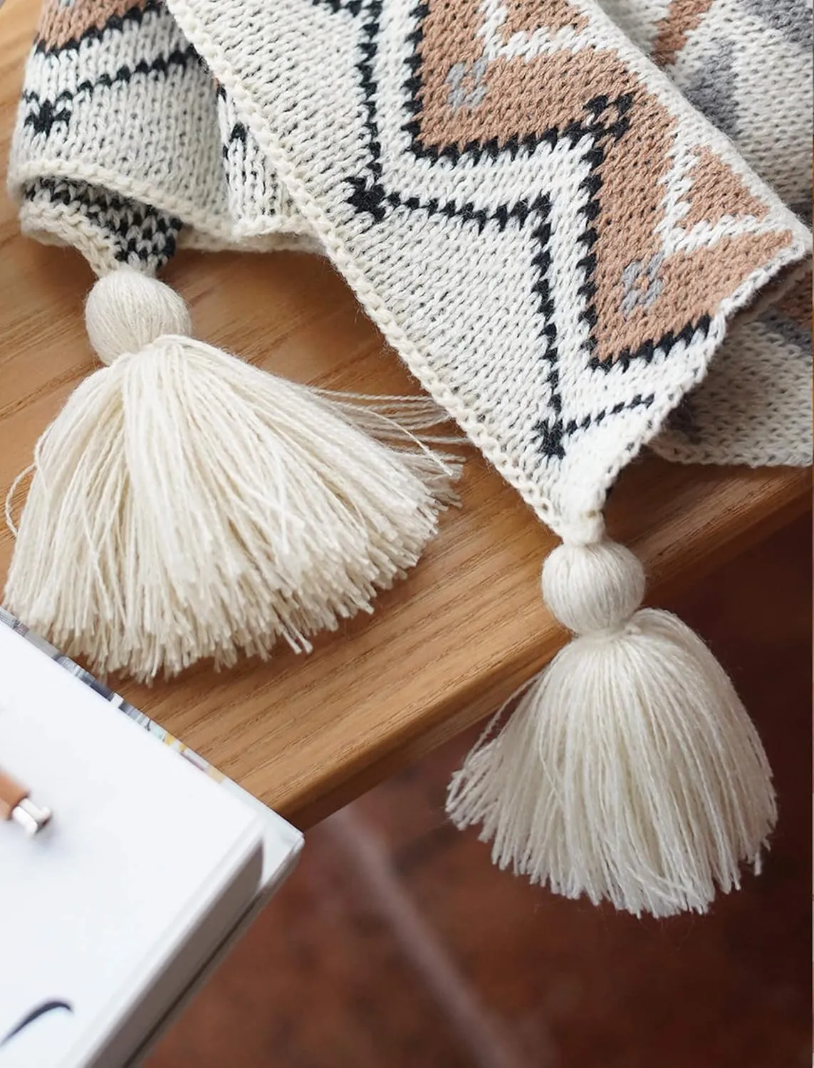 Brown Boho Throw Blankets, Knitted Tassel Vintage Throw Blanket, Soft Lightweight Tan Throw Blanket for Sofa Couch Bed and Living Room- All Seasons (40x60 Inch)