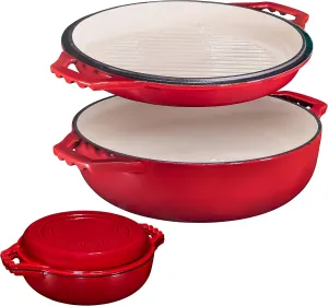 Bruntmor 2-in-1 Pre-Seasoned Cast Iron Pan |Cocotte Double Braiser Pan with Grill Lid 3.3 Quarts - Barbecue Grill Non Stick Frying Pan - Nonstick Cookware Set with Wide Handle (Red)