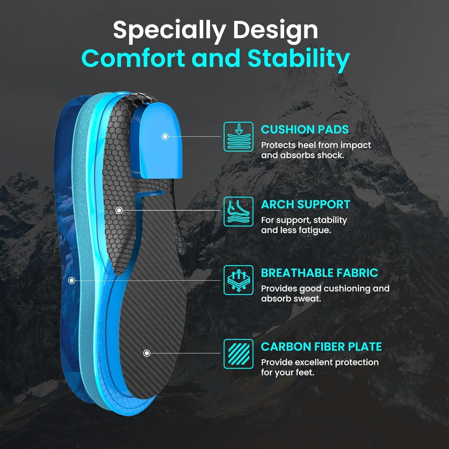 Bukihome Hike Support Insoles for Men Women - Comfort Carbon Fiber Orthotic Inserts for Hiking Boots or Sports Shoes - Trim to Fit (Dark Blue, M)