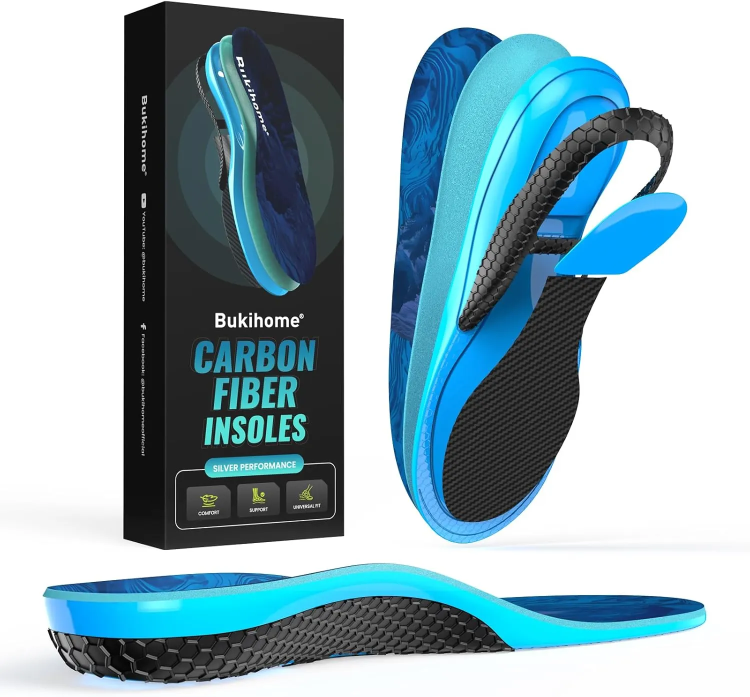 Bukihome Hike Support Insoles for Men Women - Comfort Carbon Fiber Orthotic Inserts for Hiking Boots or Sports Shoes - Trim to Fit (Dark Blue, M)
