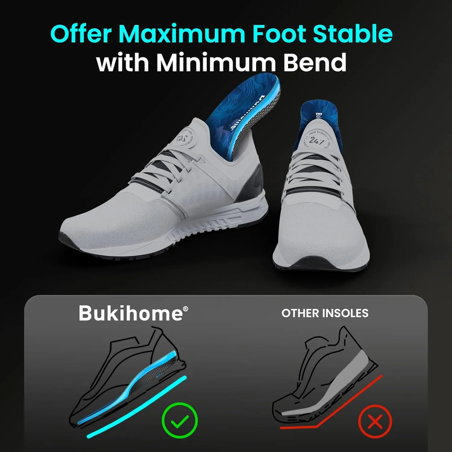 Bukihome Hike Support Insoles for Men Women - Comfort Carbon Fiber Orthotic Inserts for Hiking Boots or Sports Shoes - Trim to Fit (Dark Blue, M)