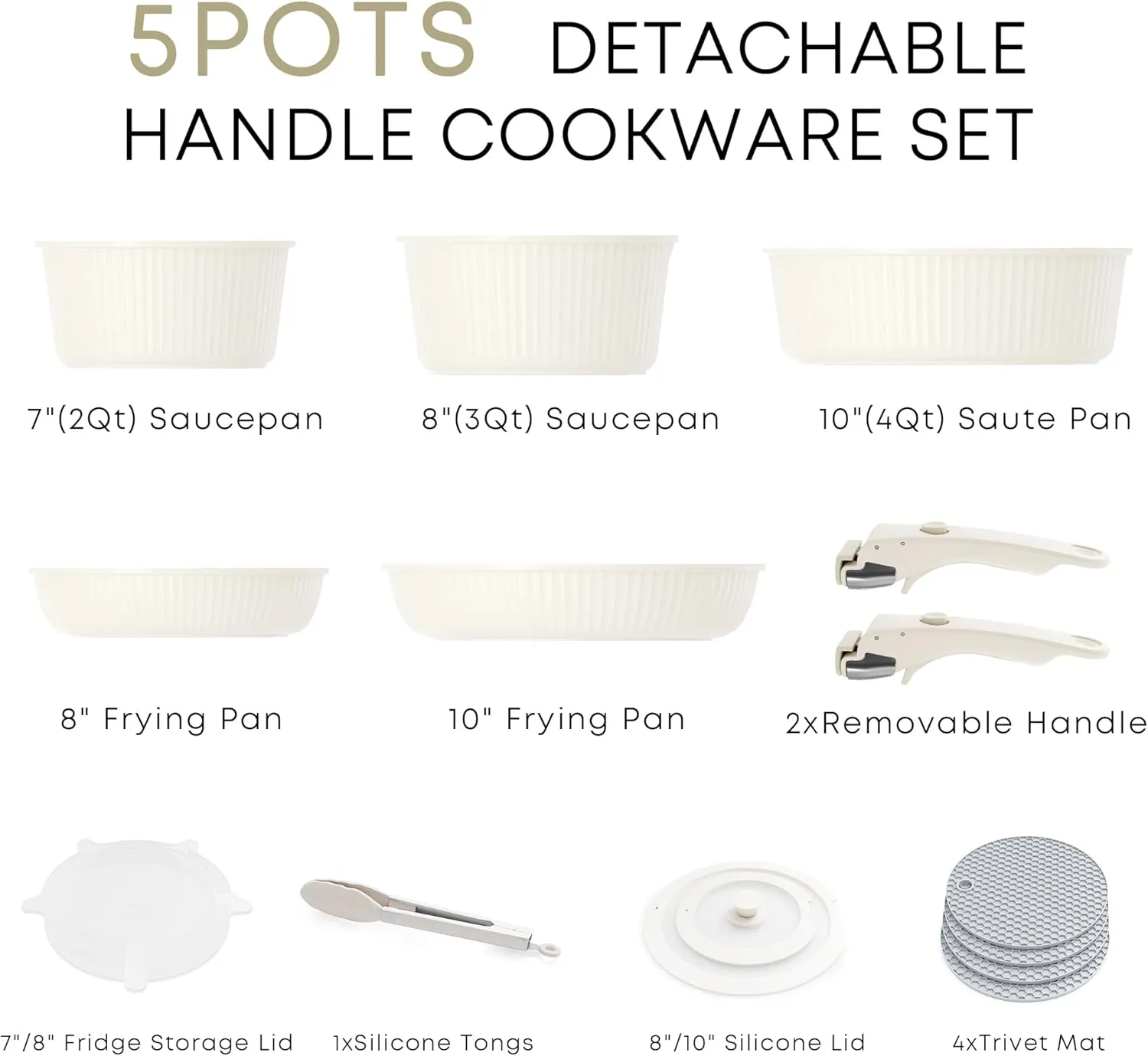 Caannasweis Detachable Nonstick Cookware Set - Stackable Induction Pots and Pans With Removable Handles, Dishwasher Safe - For RV Camping, Oven and Stovetop Use, 5 Pieces (Ceramic Coating)