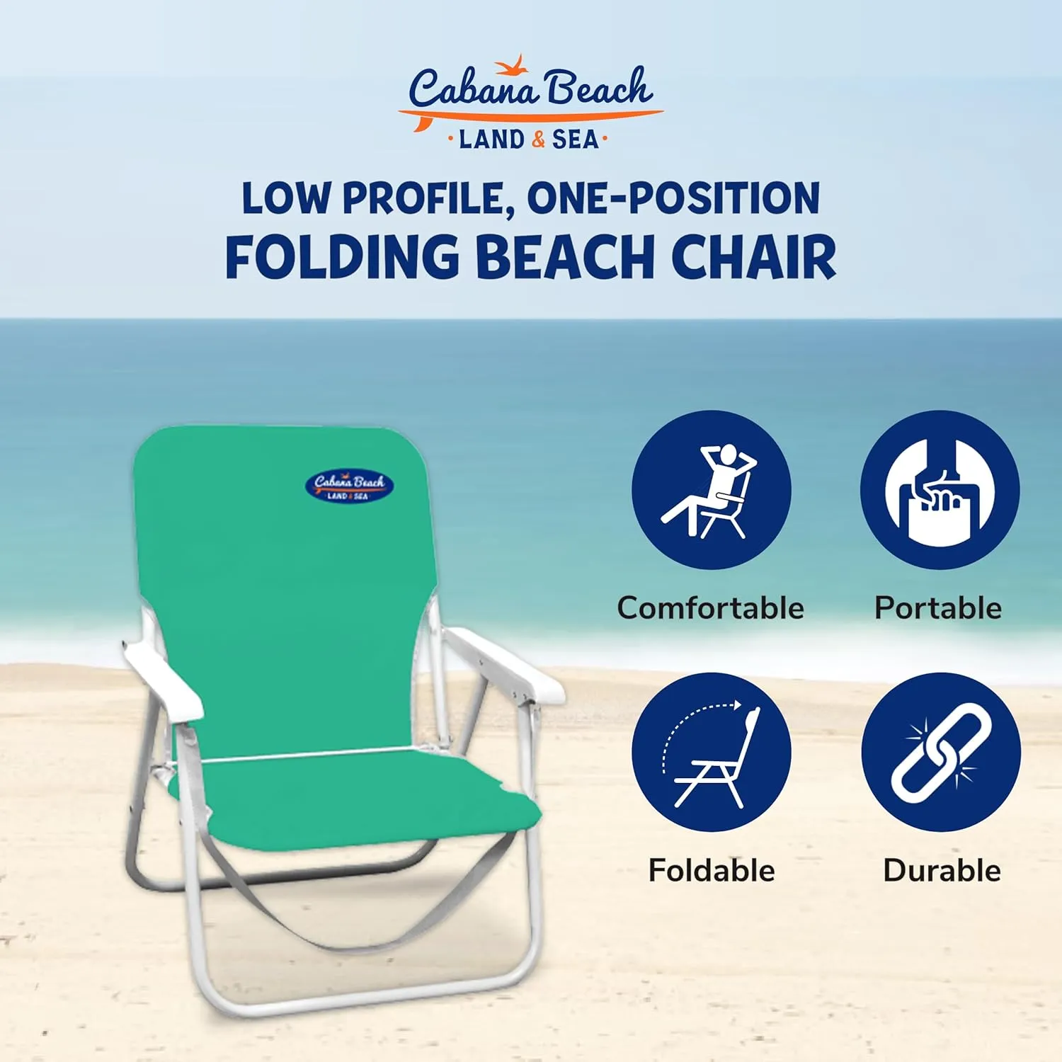 Cabana Beach Folding Beach Chair, 1 Position Lightweight and Portable Foldable Outdoor Camping Accessories with Carry Strap, Biscay Green