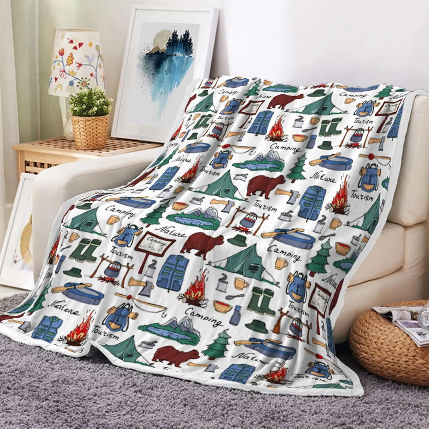 Camper Throw Blanket, RV Camper Accessories for Travel Trailers Throw Blanket, Flannel Camping Soft Warm Cozy Throws Cover for Couch Chair Sofa Bed Outdoor Inside Travel Decor