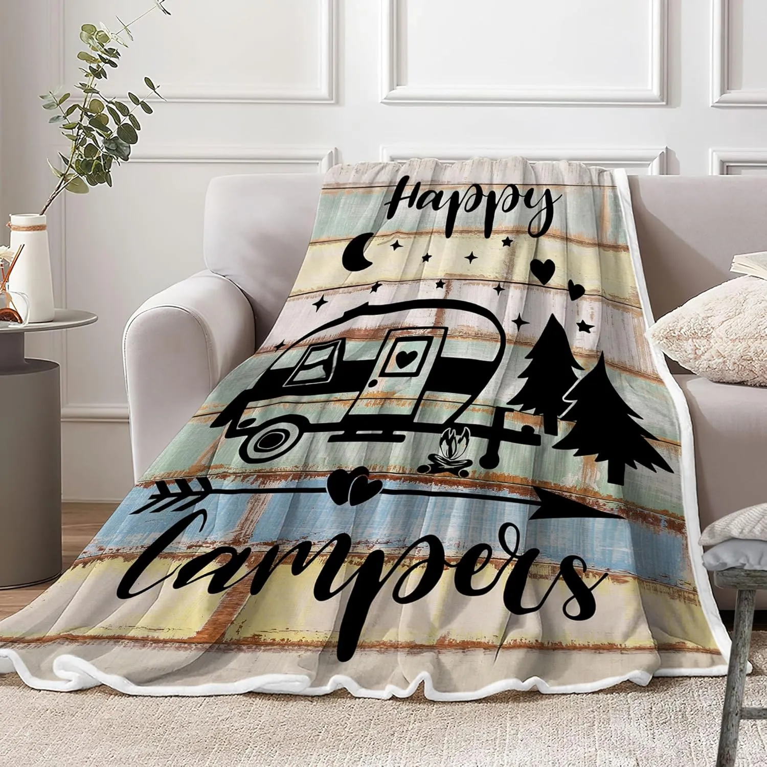 Camper Throw Blankets, Camping Gifts, Gifts for Camper, Gifts for Camping Lovers, Flannel Soft Warm Cozy Throws Cover for Couch Chair Sofa Bed Outdoor Inside Beach Travel Decor, 60X80