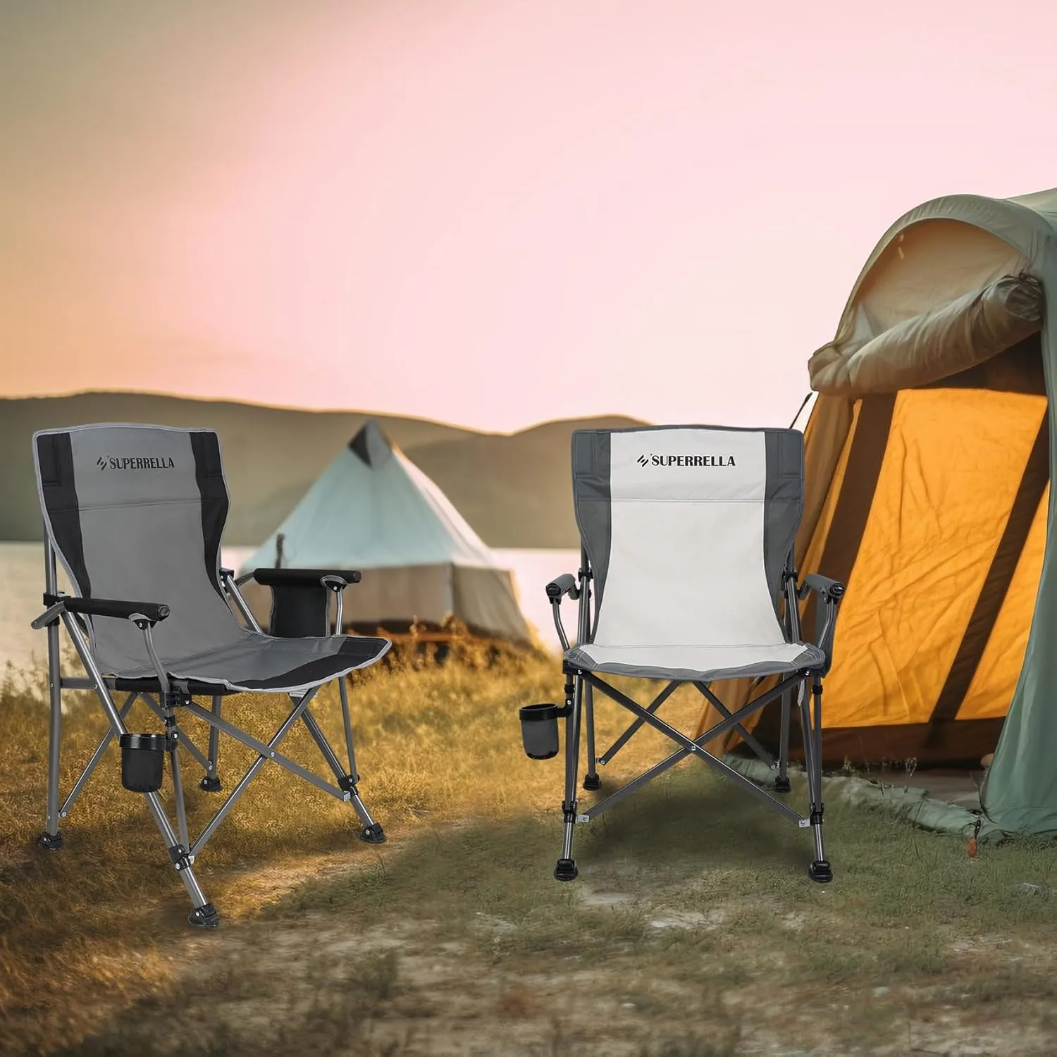 Camping Chair Folding Portable Lawn Chair Comfortable Hard Arm Sturdy for Family Camp, Outdoor, Sports, Beach, Travel, Beige, Supports 300 lbs