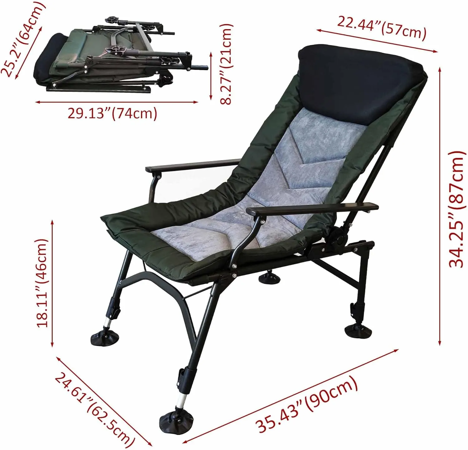 Camping Lounge Chair, Portable Folding Reclining Camping Chair with Adjustable backrest for Indoor and Outdoor, Camping, Beach, Hiking, Fishing (Grey Green)