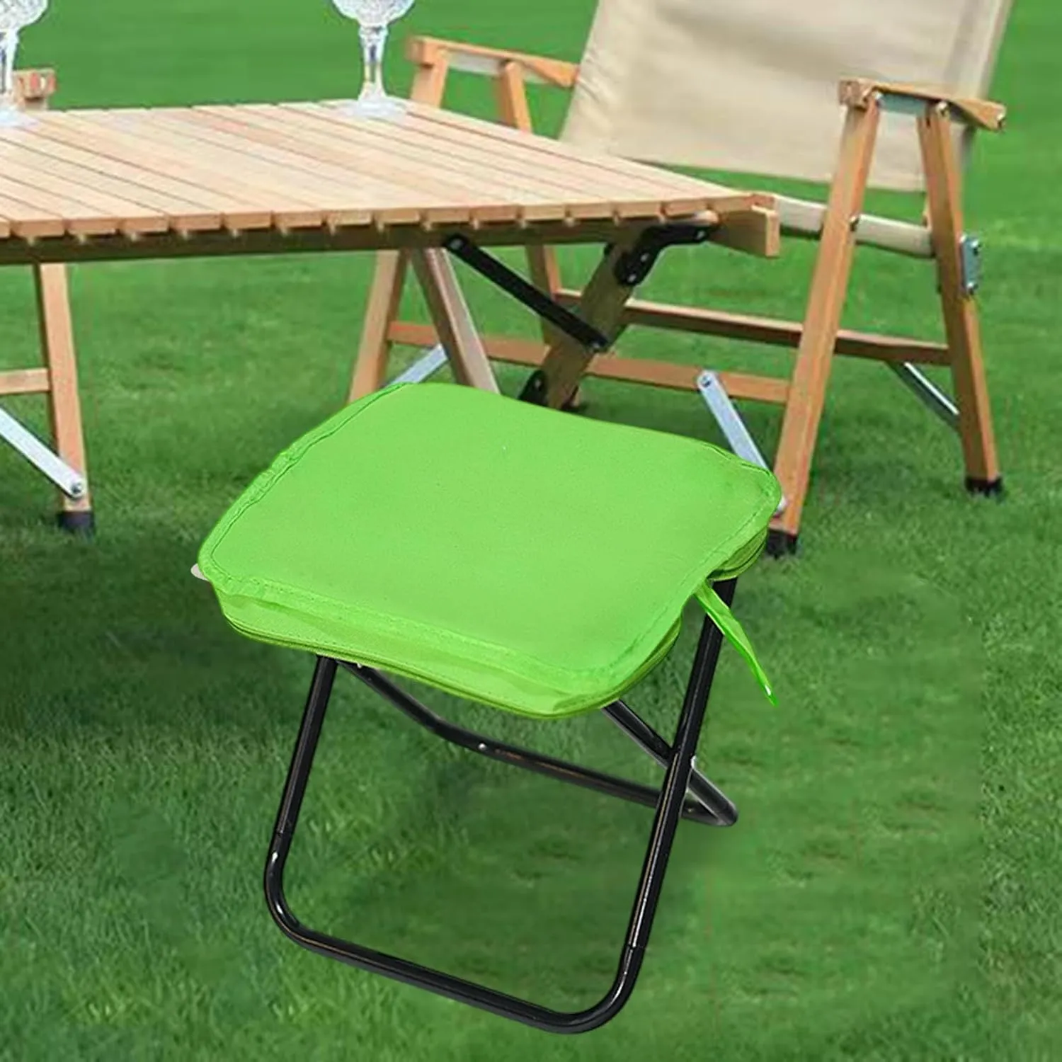 Camping Stool Folding Chair Compact Zipper Handbag Folding Stool Outdoor Footstool for Concert Barbecue Patio Fishing Garden, Green