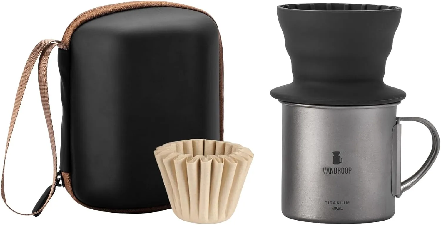 Camping Titanium Mug with Collapsible Coffee Dripper, 400ml Travel Coffee Mug with Foldable Handle,for Outdoor Backpacking Camping Picnic Open Fire Cooking
