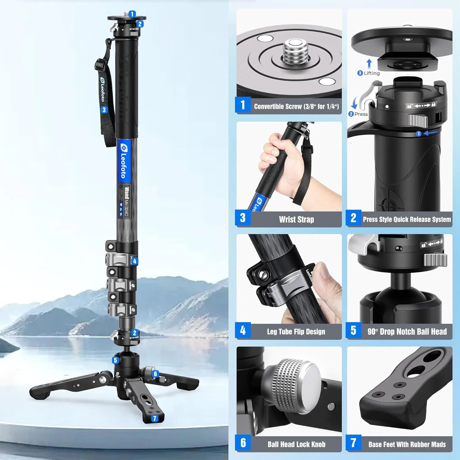Carbon Fiber Monopod with Feet, 59" Portable Lightweight Travel Monopod for DSLR Video Camera, 360° Panorama, 4 Leg Section, Modular 3 in 1 (MV-324C VD-03)