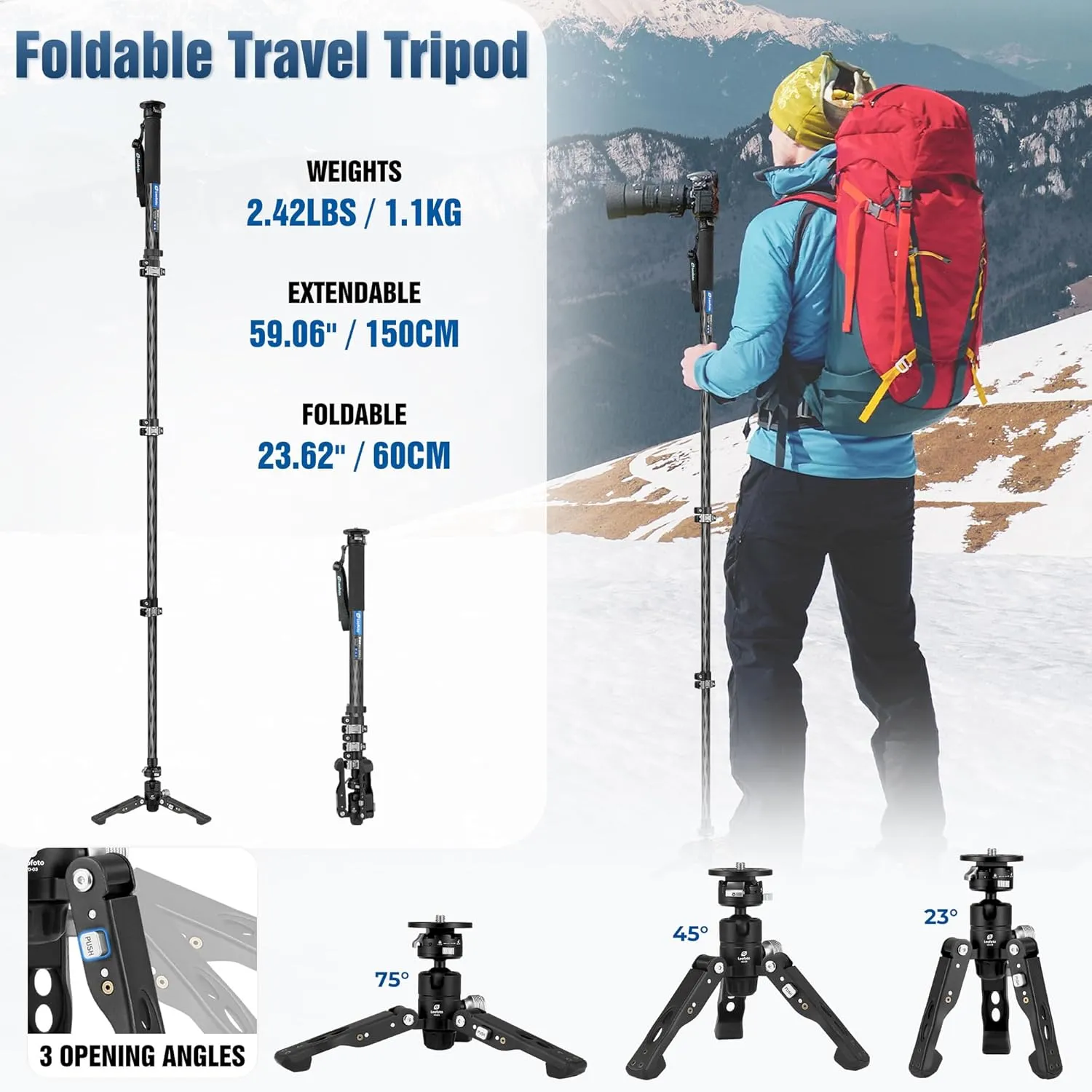 Carbon Fiber Monopod with Feet, 59" Portable Lightweight Travel Monopod for DSLR Video Camera, 360° Panorama, 4 Leg Section, Modular 3 in 1 (MV-324C VD-03)