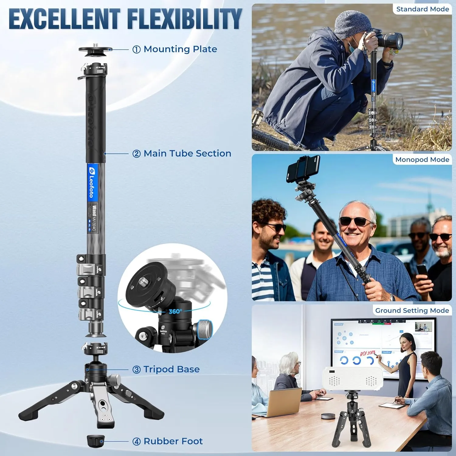 Carbon Fiber Monopod with Feet, 59" Portable Lightweight Travel Monopod for DSLR Video Camera, 360° Panorama, 4 Leg Section, Modular 3 in 1 (MV-324C VD-03)