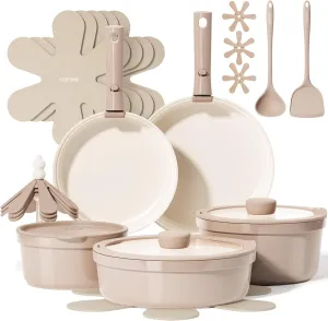 CAROTE 20pcs Ceramic Cookware Set Nonstick with Detachable Handles, Non Toxic Cookware, Pots and Pans Set Non Stick, Induction Available, Kitchen Cooking Pot and Pan, Dishwasher Safe