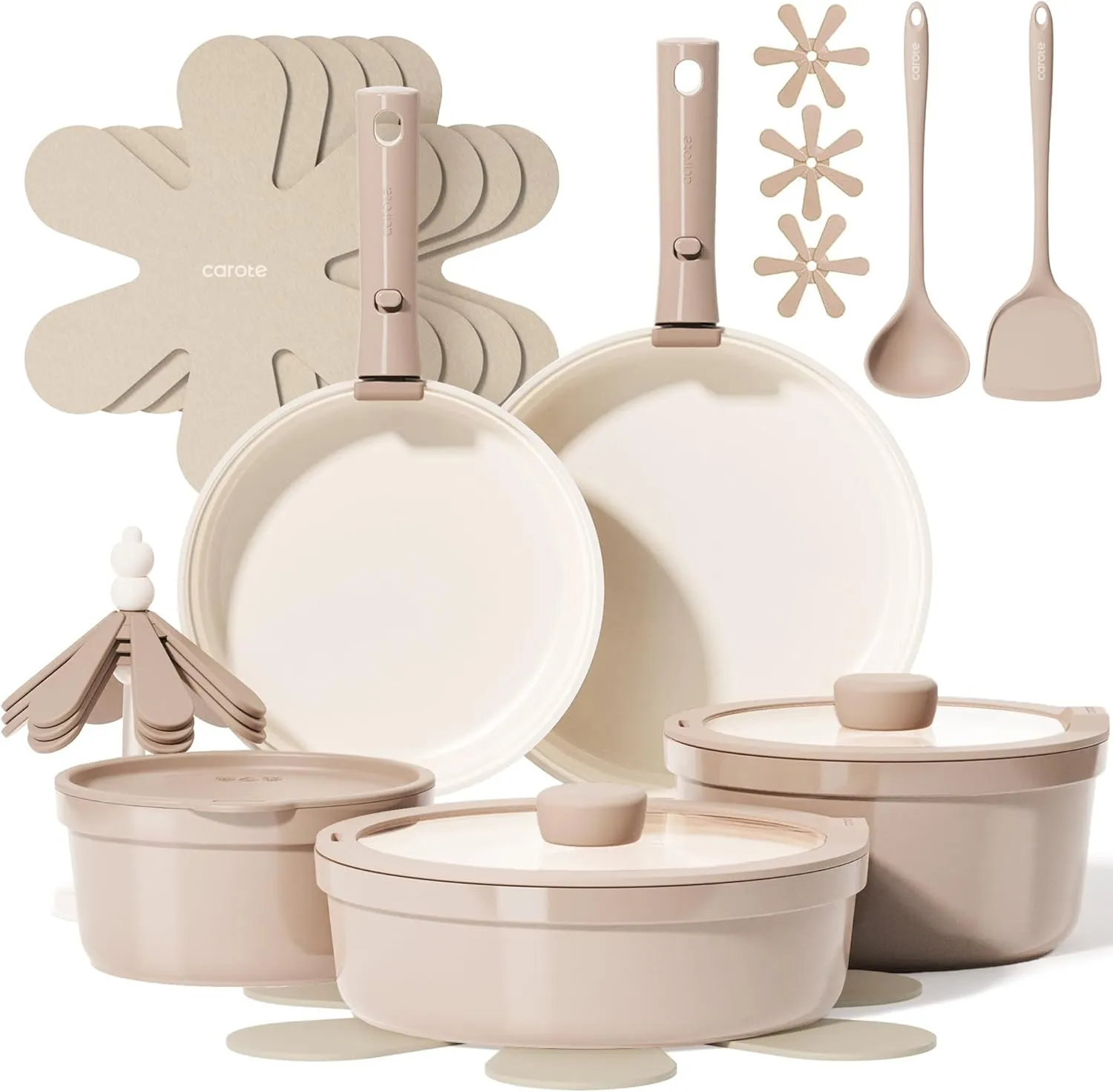 CAROTE 20pcs Ceramic Cookware Set Nonstick with Detachable Handles, Non Toxic Cookware, Pots and Pans Set Non Stick, Induction Available, Kitchen Cooking Pot and Pan, Dishwasher Safe
