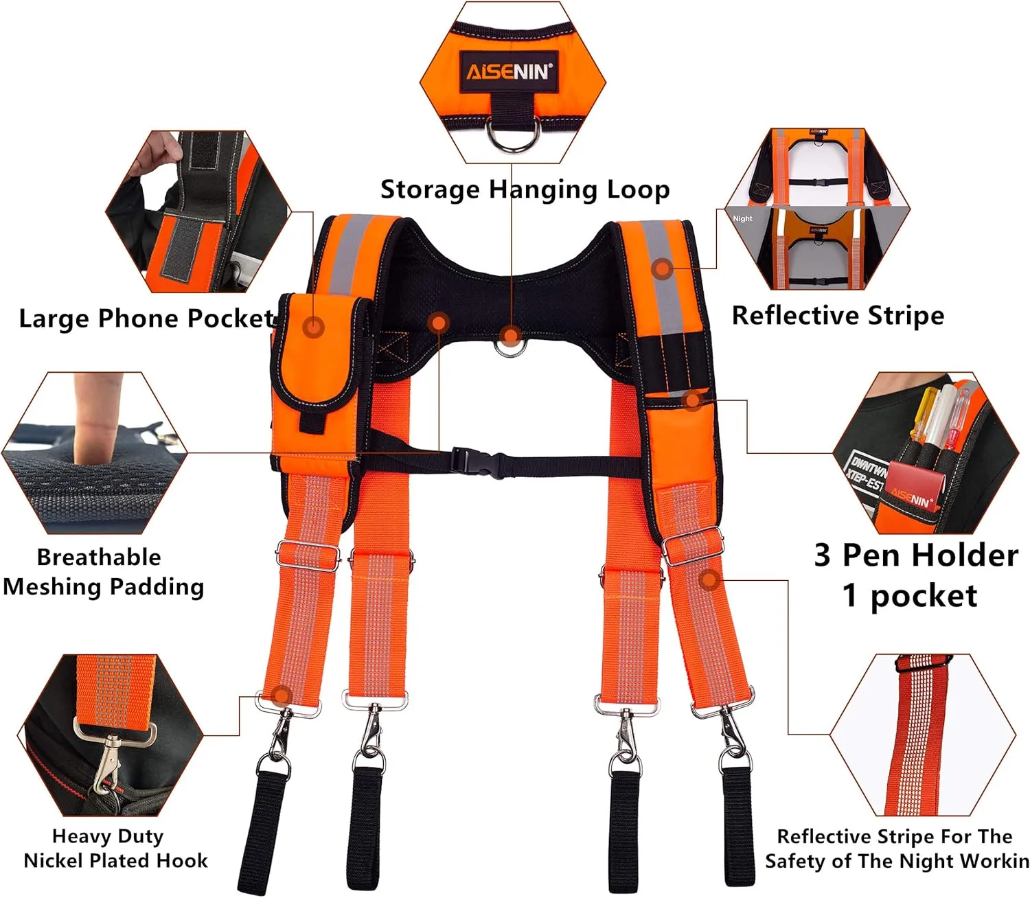 Carpenter Tool Belt Suspenders, Heavy Duty Tool Belt Suspenders Reflective Safety Suspenders