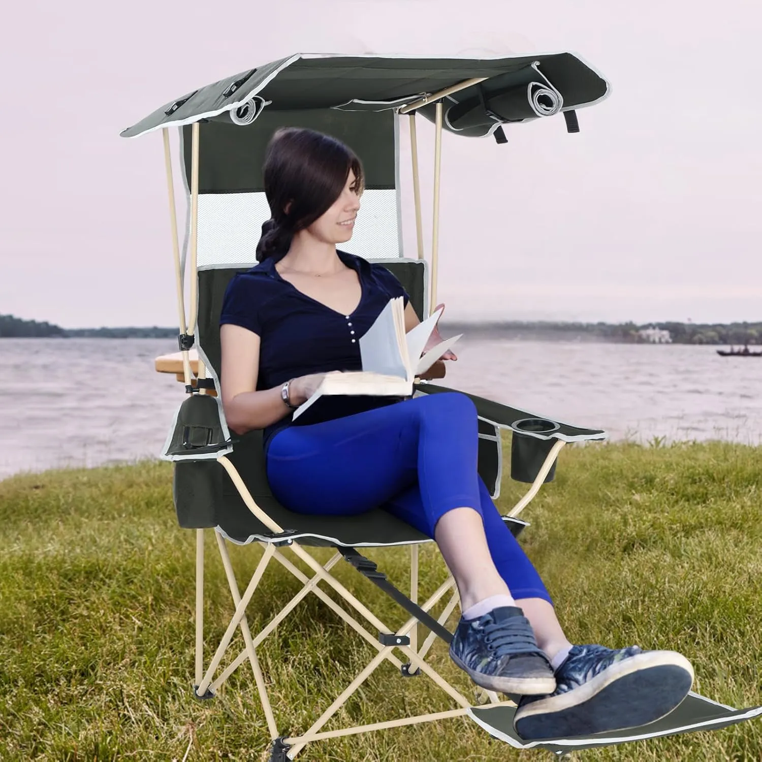 CDEN Canopy Chair, Camping Chair with Shade, Chair with Canopy, Folding Chair, Foldable Camping Chair, with Canopy, footrest, Cooler Bag, Cup Holder, for Camping, Picnic, Patio (2 Pack)