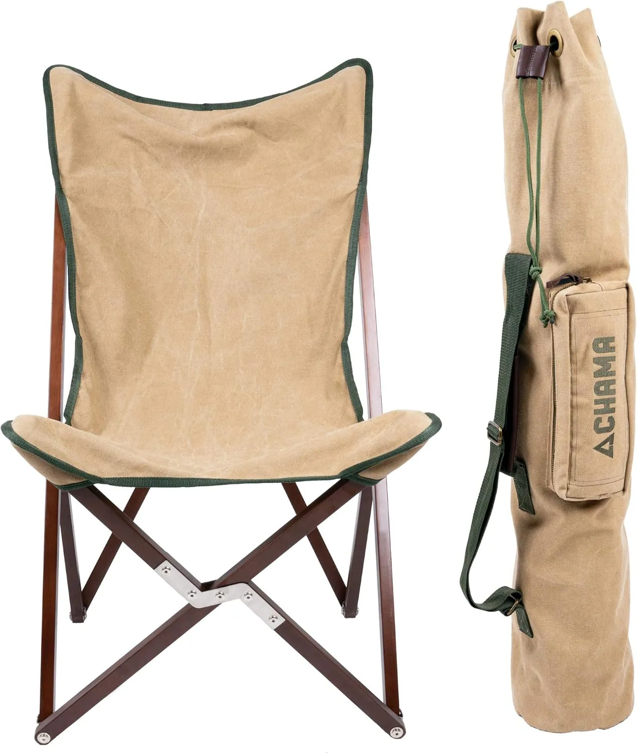 CHAMA Vaquero Chair & Travel Bag - Wheat and Pine- Beautiful Outdoor Wood and Canvas Portable Folding Chair Ideal for Camping, Patios, Lawns, or Indoor Use - Supports 300 lbs