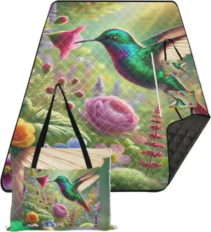 CHIFIGNO Vibrant Hummingbird Garden Flowers Oversized Beach Blanket Waterproof Floral Grass Mats for Camping Cute Picnic Blankets Foldable 80" x 60"