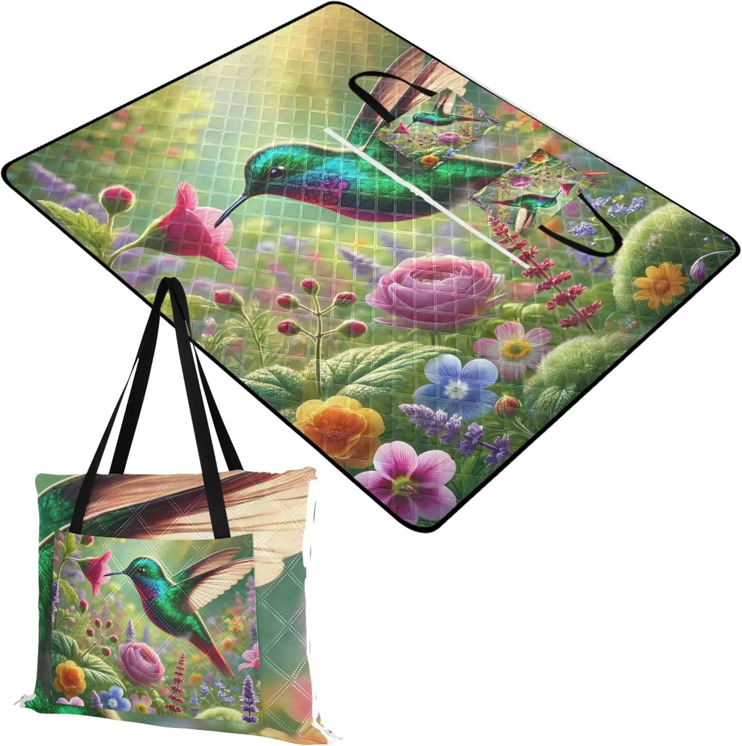 CHIFIGNO Vibrant Hummingbird Garden Flowers Oversized Beach Blanket Waterproof Floral Grass Mats for Camping Cute Picnic Blankets Foldable 80" x 60"