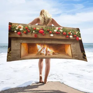 Christmas Beach Towel, Xmas Winter Season Fir Twigs and Fireplace Decor Pattern Pool Camping Swim Towels 31x63 Inch for Travel Swim Pool Yoga Cruise Camping Gear