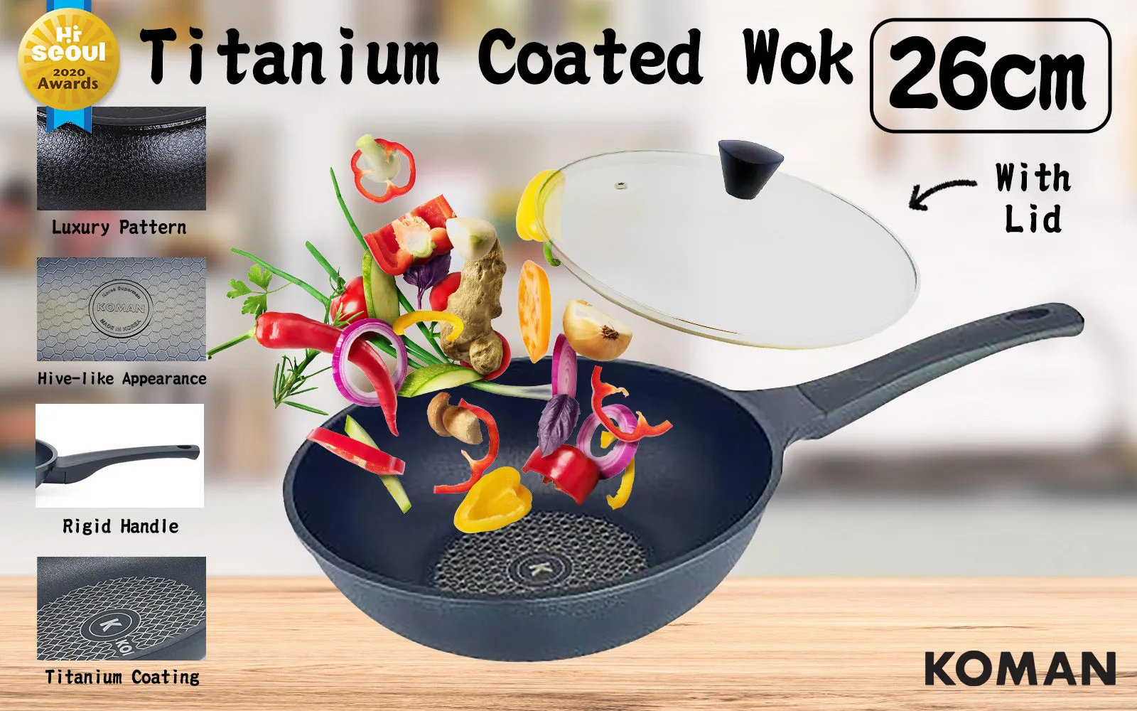 Coating Problem-free return Glass Lid   Non-Stick Tech-powered Titanium Pan 26cm Wok KOMAN