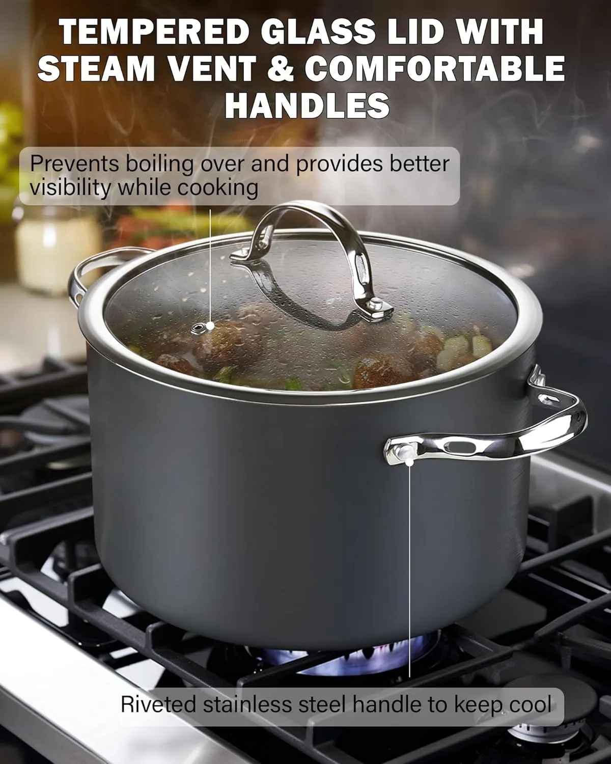 Cooks Standard Stock Pot Dutch Oven Casserole with Glass Lid, 7-Quart Classic Hard Anodized Nonstick Stockpot, Black
