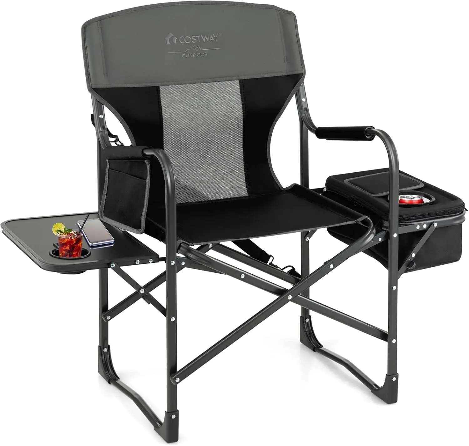 COSTWAY Folding Camping Chair, Heavy-Duty Director Chair Supports 400lbs for Adults with Side Table, Cooler Bag, Storage, Strap, Portable Makeup Chair Suitable for Fishing Picnic