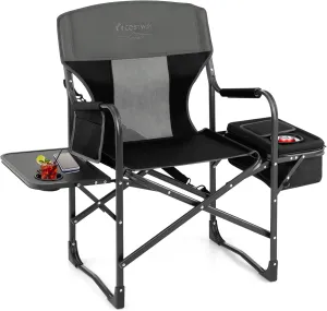 COSTWAY Folding Camping Chair, Heavy-Duty Director Chair Supports 400lbs for Adults with Side Table, Cooler Bag, Storage, Strap, Portable Makeup Chair Suitable for Fishing Picnic