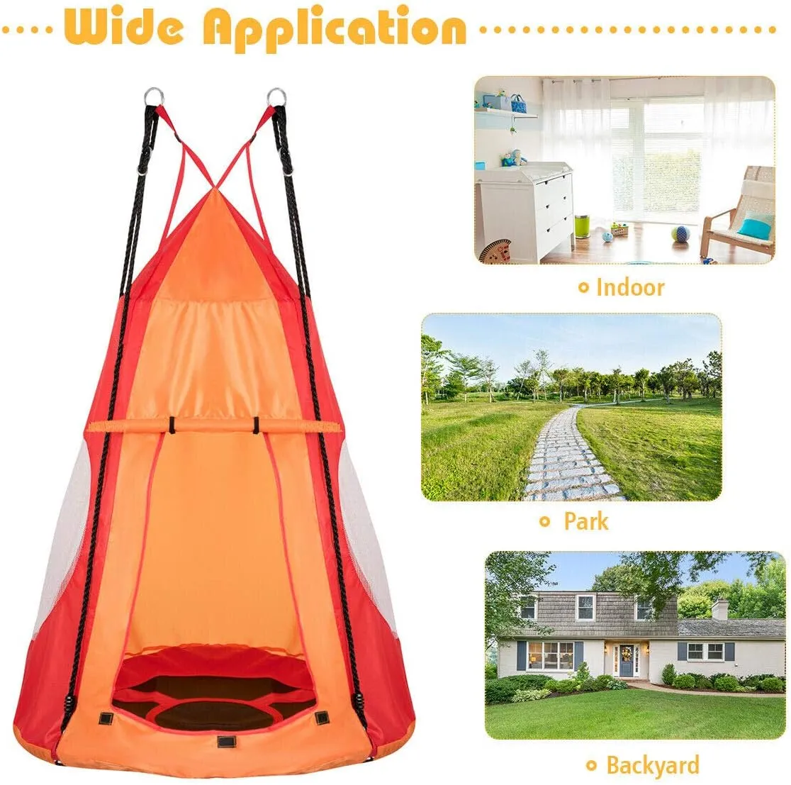 Costzon 2 in 1 Kids Detachable Hanging Chair Swing Tent Set, Hammock Nest Pod Hanging Swing Seat for Boys/Girls, Children Outdoor Indoor Swing Play House with Play Tent, Max Capacity 330 LBS (Orange)