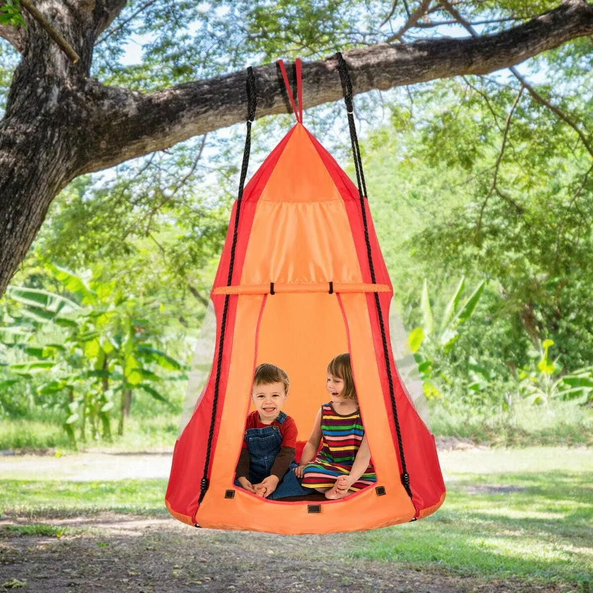 Costzon 2 in 1 Kids Detachable Hanging Chair Swing Tent Set, Hammock Nest Pod Hanging Swing Seat for Boys/Girls, Children Outdoor Indoor Swing Play House with Play Tent, Max Capacity 330 LBS (Orange)